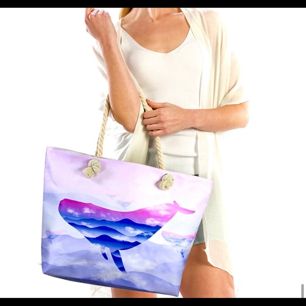 New! Ombré Ocean Whale Rope Handle Tote Travel Bag Beach with pocket - Picture 10 of 12